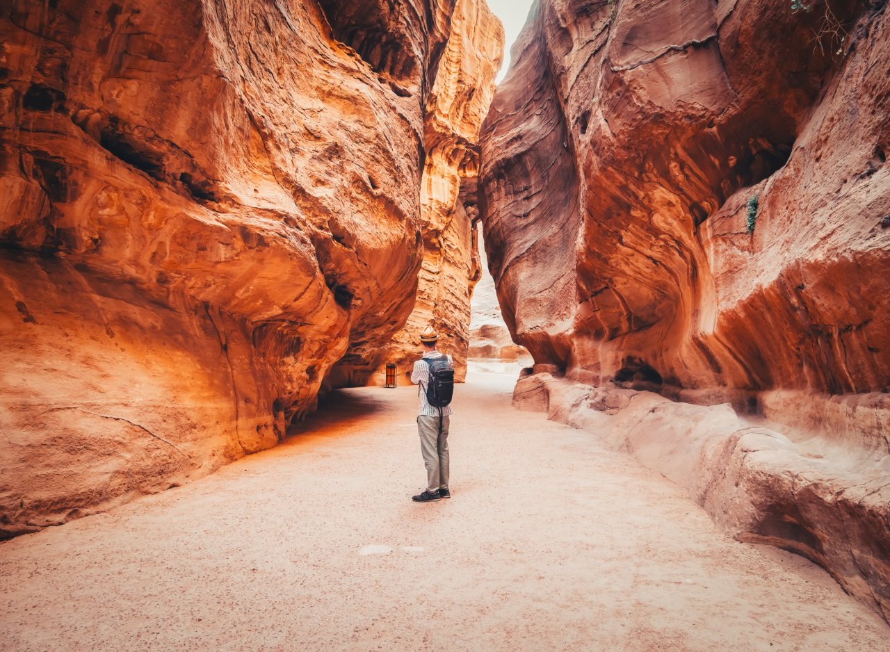 A traveller in the The Siq before approaching Petra