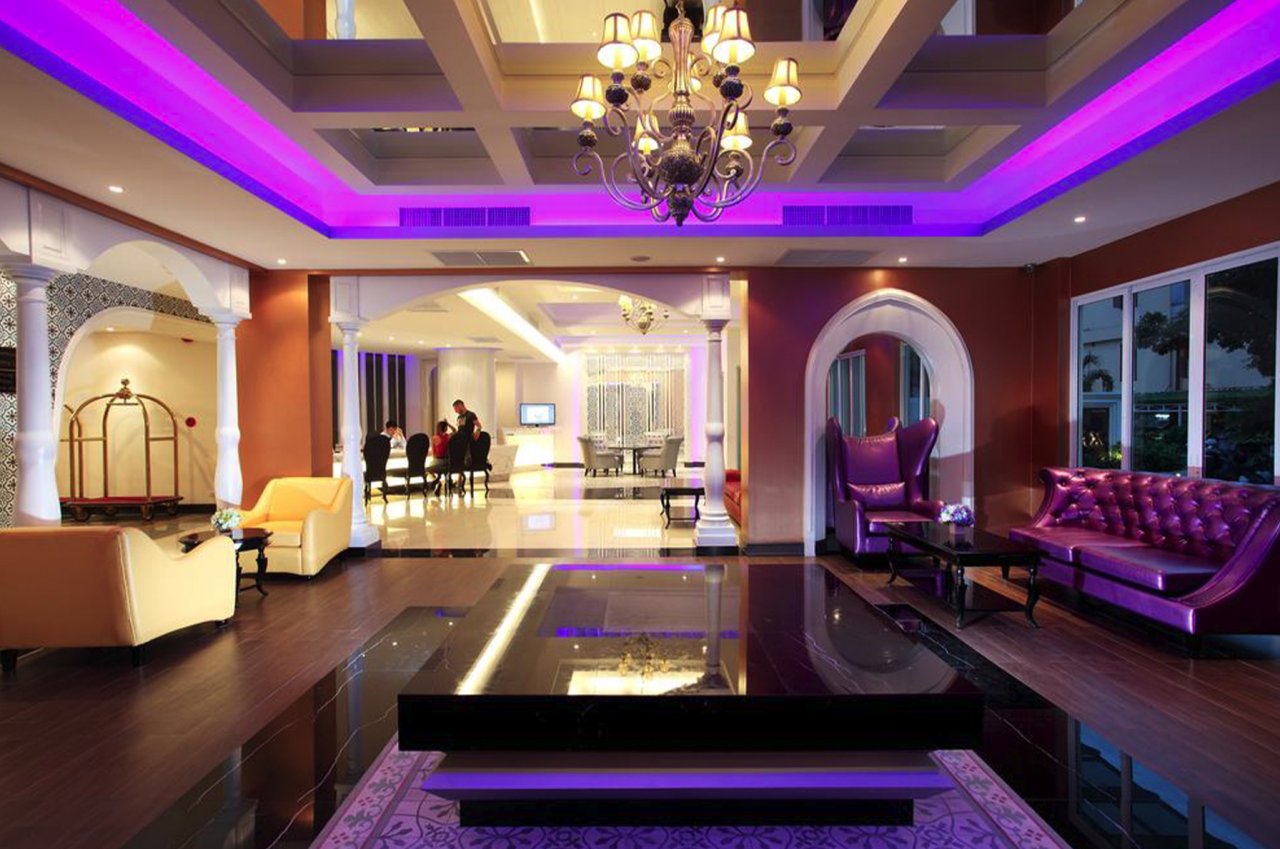 The lobby at the hotel in Bangkok, Thailand showing lush decor 